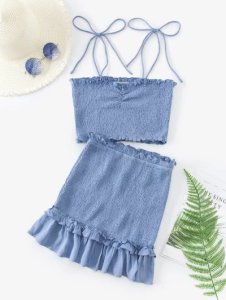 ZAFUL Two Piece Smocked Tie Shoulder Top And Skirt Set