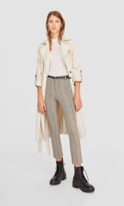 Stradivarius - Check trousers with belt in beige