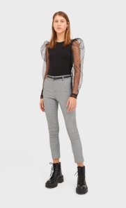 Stradivarius - Check trousers with belt in black