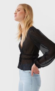 Stradivarius - Dotted mesh blouse in black