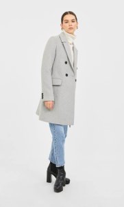 Double-breasted Woolly Fabric Coat In Grey Melange