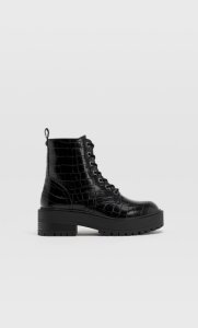 Embossed Lace-up Biker Ankle Boots In Black