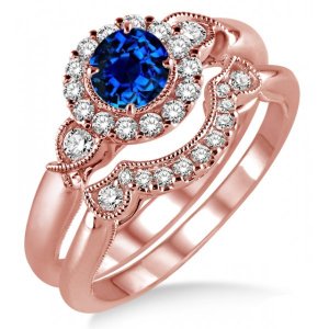 1.25 Carat Sapphire and Sim Diamond Flower Halo Bridal Set on 14k Rose Gold Fn