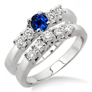 1.5 Carat Sapphire and Sim Diamond Five Stone Bridal Set on 14K White Gold Over