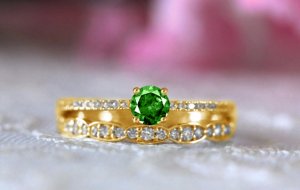 1.50 Ct Round Emerald & Diamond Bridal Engagement Ring & Band 14k Yellow Gold FN