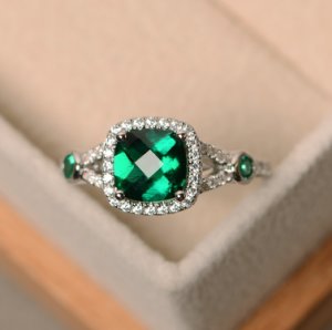 Pretty Jewellery - 1.75 carat cushion cut emerald & diamond 10k white gold fn halo wedding ring