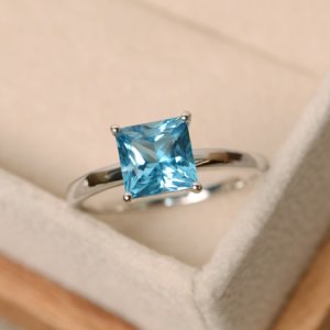 1 Cttw Princess Cut Aquamarine 10k White Gold Over Solitaire Wedding Ring