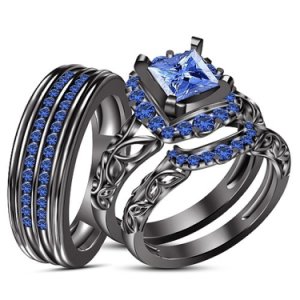 14k Black Gold 925 Silver Princess Blue Sapphire His Her Wedding Trio Ring Set
