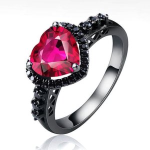 14K Black Gold Finish Ruby & Simu Diamond Heart Band Wedding Ring