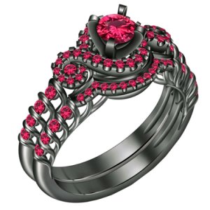 14K Black Gold Over Round Pink Sapphire Wedding Engagement Bridal Ring Set