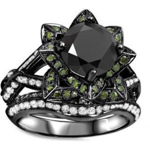 14k Black Rhodium Plated 925 Silver Multi Stone Lotus Flower Engagement Ring Set