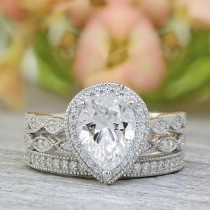 14K White Gold Finish Pear Shape Simulated Diamond Bridal Engagement Ring