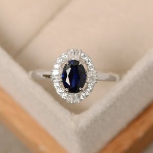 14k White Gold Fn Oval Shape Sapphire & Sim.Diamond Solitaire With Accent Ring