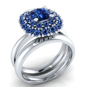 14K White Gold Over Cushion & Round Sapphire Halo Briadal Wedding Ring Set