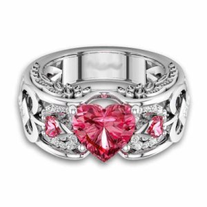 14K White Gold Over Simulated Diamond & Garnet Wedding Heart Ring