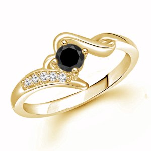 14K Yellow Gold Finish Engagement Ring Black & White Simulated Diamond