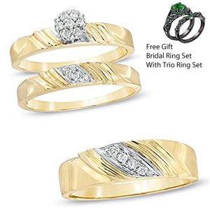 14K Yellow Gold Finish Simulated Diamond His-Her Wedding Trio Ring Set Silver St