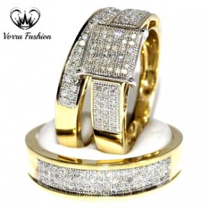 14K Yellow Gold Trio His & Her Diamond Wedding Bridal Band Engagement Ring Set