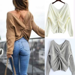 2017 New 3 Colors V Neck Twisted Back Sweater Women Jumpers Pullovers Long Sleev