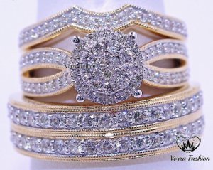 3.00 Carat Round Cut VVS1 Diamond Matching Trio Wedding Ring Set 14K Yellow Gold