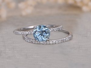 3.85 Ct Aquamarine & Diamond 14k Solid White Gold Bridal Wedding Ring Set