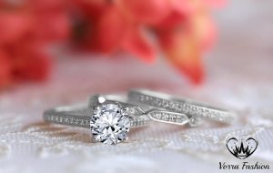 3 Pcs Bridal Engagement Ring Set White Gold Plated 925 Silver Round Cut Diamond