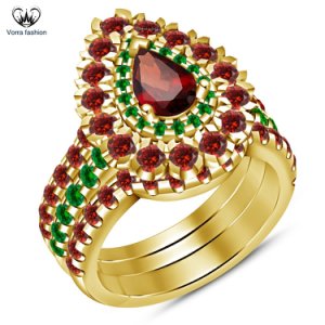 Vorra Fashion - 3 pcs engagement ring set 14k yellow gold plated 925 silver multi color diamond
