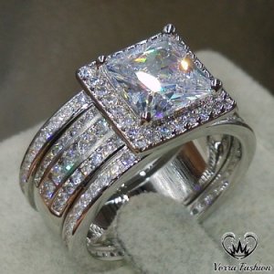 Vorra Fashion - 3 pcs engagement ring wedding band set princess cut diamond 14k white gold over