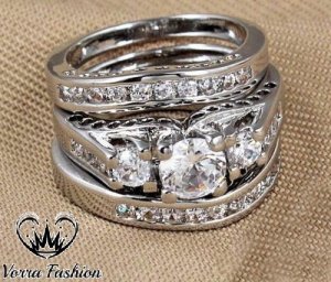 Vorra Fashion - 3 pcs women's engagement ring set diamond 14k white gold over solid 925 silver
