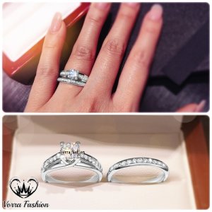 Vorra Fashion - 925 pure silver white gold plated round cut diamond engagement bridal ring set