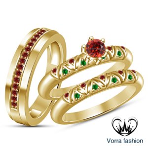 Vorra Fashion - 925 silver 14k gold fn multi color stone his & her matching band trio ring set