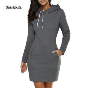Autumn Hooded Dress Women Pocket Long Sleeve Mini Hoodie Dress Plus Size Casual
