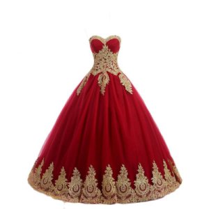 Ball Gown Prom Dress Red with Gold Lace Formal Evening Gown Quinceanera Dress