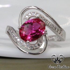 Vorra Fashion - Beautiful engagement ring oval shape pink sapphire white gold plated 925 silver