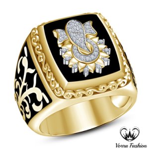 Vorra Fashion - Black enamel mens band lord ganesha ring round cut cz yellow gold fn. 925 silver