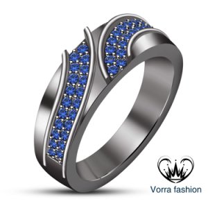 Black Rhodium Finish 925 Sterling Silver Blue Sapphire Men's Wedding Band Ring