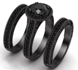 Black Sim Diamond 925 Silver Engagement Ring Matching Bands Trio Set Black Gold