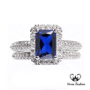 Vorra Fashion - Blue sapphire rectangular shape white gold over sterling silver bridal ring set