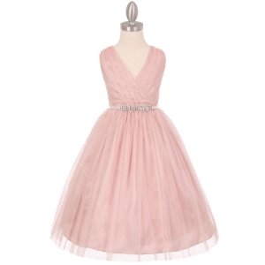 Blush Pink Sleeveless V-Neck Pleated Rhinestone Satin Sash Flower Girl Dress