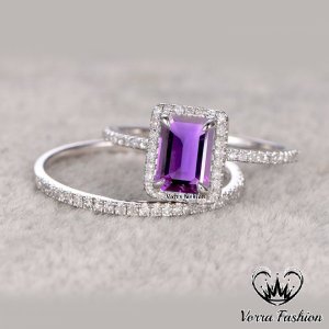 Vorra Fashion - Bridal ring set in rectangular shape purple amethyst white gold over 925 silver