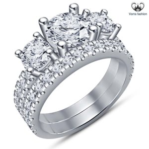 Bridal Three Stone Engagement Ring Set Diamond White Gold Over Pure 925 Silver