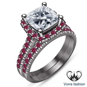 Cushion Cut Pink Sapphire 925 Silver 14k Black Gold Fn Wedding Bridal Ring Set