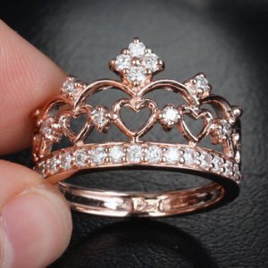 D/VVS1 Diamond Crown Princess Wedding Ring For Womens 14K Rose Gold Fn