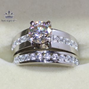 Diamond Wedding Bridal Set 14K White Gold 925 Silver Round Cut Engagement Rings
