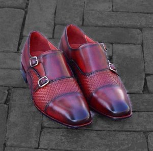 Double Monk Woven Leather Shoes, Handmade Burgundy Formal Cap Toe Dress Shoes
