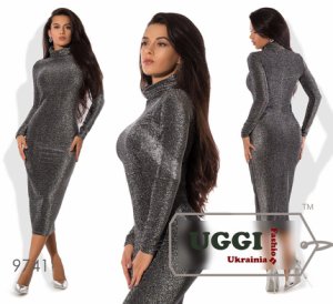 Elegant Bodycon Woman Dress Knitted with Lurex Midi Long Sleeve Cocktail -Regula