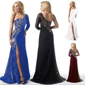 Elegant Women Lady Lace Stitching Cocktail Dress Sexy One Shoulder Evening Maxi