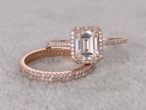 Emerald Cut Moissanite Engagement Rings Diamond Wedding Sets 14k Rose Gold Fn