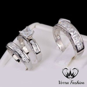 Engagement Ring Matching Wedding Band Trio Set 10k White Gold Plated 925 Silver