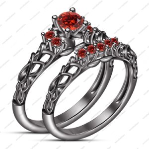 Engagement Wedding Bridal Ring Set Red Garnet Black Gold Plated 925 Pure Silver